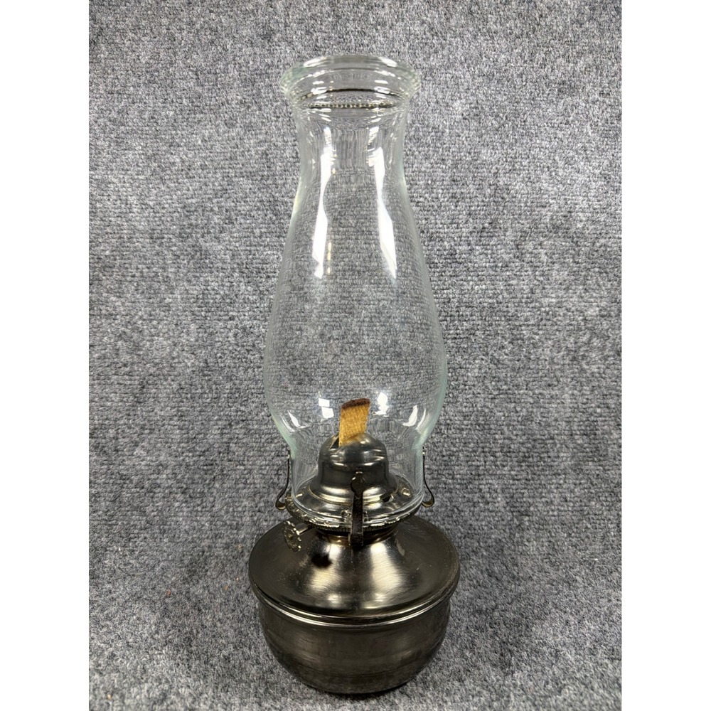 Vintage Lamplight Farms Oil Lamp Brushed Pewter Metal Base Clear Glass Chimney
